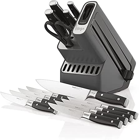 Ninja K32015A Foodi NeverDull Premium Knife System, 15 Piece Knife Block Set with Built-in Sharpener, German Stainless Steel Knives, Black