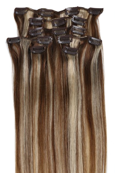 Grammy 20 Inch 7pcs Remy Clips in Human Hair Extensions 70g with Clips for Highlight(#6/613 Chestnut Brown Mix Bleach Blonde)
