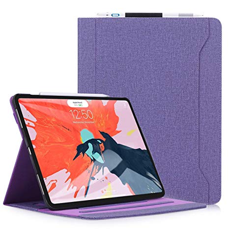 Skycase iPad Pro 12.9 Case (2018), [Support Apple Pencile Charging] Canvas Multi-Angle Viewing Stand Folio Case for Apple iPad Pro 12.9 inch 2018, with Card Holders, Purple