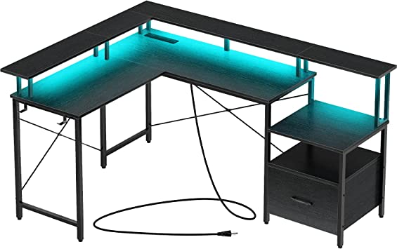 Rolanstar Computer Desk with Power Outlet & LED Strip and File Drawer, 68" Reversible L Shaped Computer Corner Desk with Printer Cabinet and Monitor Shelf, Modern Home Office Desk, Writing Desk,Black