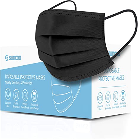 SUNCOO Face Mask, Pack of 50 (Black) - Disposable Masks Dust Particle 3-Layer Protective Mask Cover with Earloop