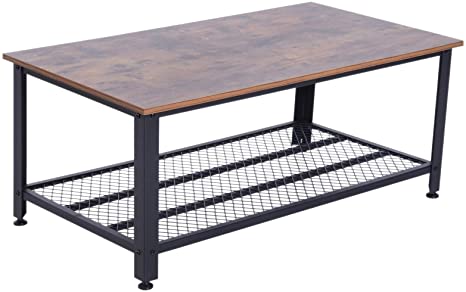 HOMCOM Mesa de Centro Mesa Auxiliar Multifuncional para Sofá Salón Dormitorio Estilo Industrial Retro Estante de Rejilla Mesa Café Acero y Madera 106x60x45cm