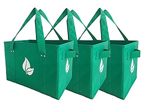 Reusable Grocery Shopping Bag Set Collapsible Box Tote with Reinforced Bottom and Sides in Eco Green Color (Set of 3).