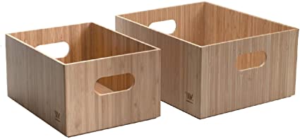Bamboo Storage Box Set (2 PK) Durable Bin with Handles for Closet, Office, Toys, Bedding, Clothes, Baby Essentials, Arts & Crafts