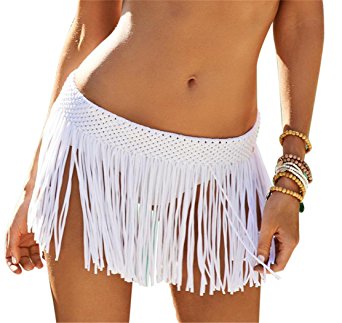 Moxeay Women Elastic Waist Crochet Tassel Fringe Cover up Mini Skirt