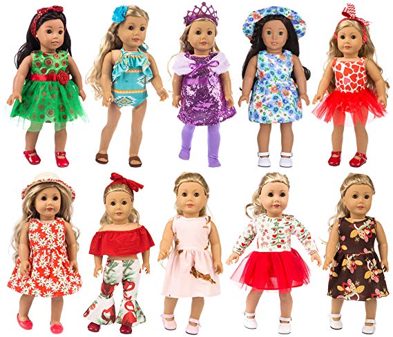 ZITA ELEMENT 23 Pcs Girl Doll Clothes and Accessories for American 18 Inch Girl Doll Clothes Outfits | Included 10 Set of Clothing Mix Dress, Hair Bands, Hair Clips, Crown and Cap