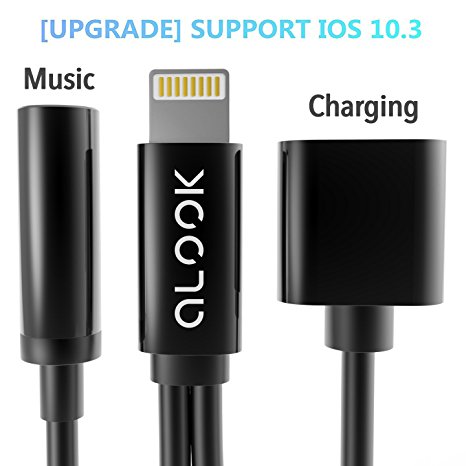 Alook iphone 7 adapter(Compatible with IOS10.3) , 2 in 1 Lightning Adapter and charger , 3.5mm Earphones Jack Cable for New iPhone 7/7 plus (Black)-No Music Control and Calling Function