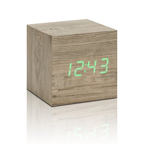 Gingko Cube Click Clock 2.5" x 2.5" Time/Date/Temp Ash/ Green LED Alarm Clock