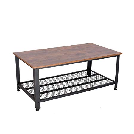 IRONCK Vintage Coffee Table, Cocktail Table with Storage Shelf for Living Room and Office, Wood Look Accent Furniture with Stable Metal Frame, Easy Assembly End Table, Brown