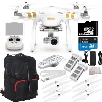 DJI Phantom 3 Professional Quadcopter Drone w/ 4K UHD Video Camera & Manufacturer Accessories   Extra DJI Battery   SSE Phantom Backpack   32GB microSD Memory Card   Quick Release Snap On/Off Prop Guards (Set of 4)   SSE Transmitter Lanyard   MORE