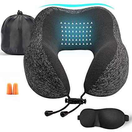 FERTOY Travel Pillow Memory Foam Travel Pillow Neck Pillow for Traveling, Comfortable & Portable Airplane Pillow Kits with Machine Washable Cover, 3D Contoured Eye Masks, Earplugs and Travel Bag