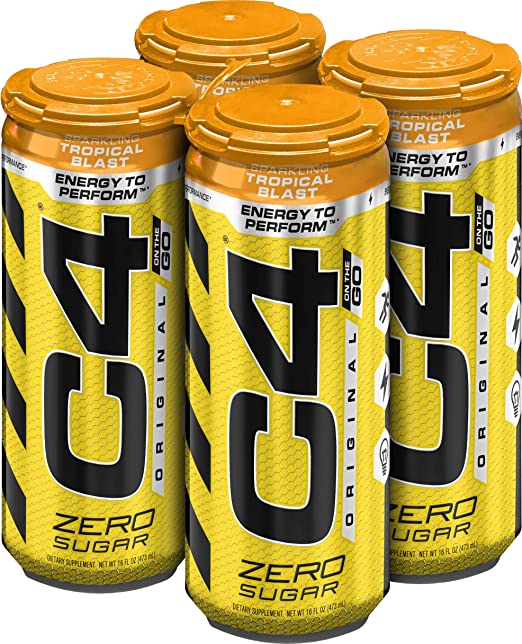 C4 Original Sugar Free Energy Drink 16oz (Pack of 4) | Tropical Blast | Pre Workout Performance Drink with No Artificial Colors or Dyes
