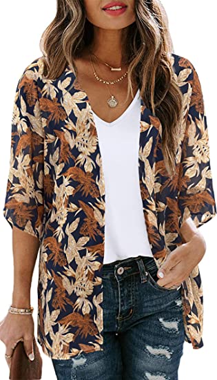 Women's Floral Print Puff Sleeve Kimono Cardigan Loose Cover Up Casual Blouse Tops