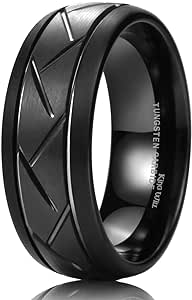 King Will Classic 8mm Tungsten Carbide Ring Black/Silver/Gold Brushed Two Grooved Center Hammered Design Mens Wedding Band for Men