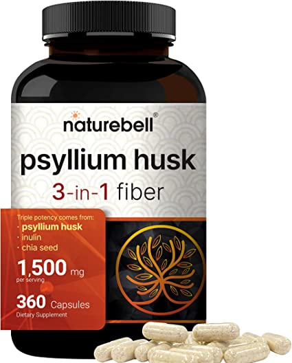 NatureBell Psyllium Husk Capsules 1500mg Per Serving, 360 Count, 3 in 1 Fiber with Inulin & Chia Seed – Daily Soluble Fiber for Gut Health – Plant Based Herbal Fiber Supplement, Non-GMO, Gluten Free