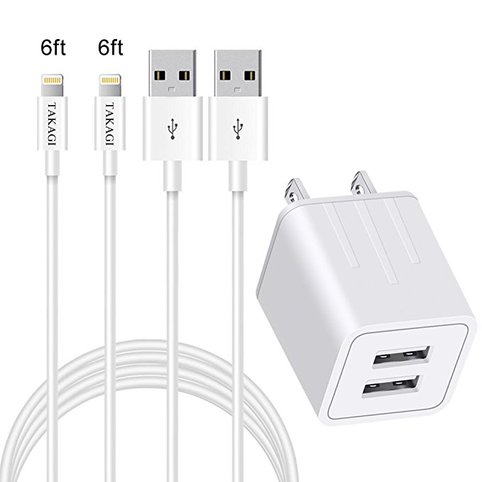 iPhone Charger, TAKAGI Fast Charging USB Wall Charger Dual Port Travel Power Adapter with 6feet Long Durable 8 Pin Lightning Cable [2-PACK] for IOS 11 iPhone X/8/7/6S/Plus/5S/SE/iPad Air/mini