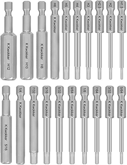 K Kwokker 20 x 1/4 Inch Hex Head Allen Wrench Drill Bit Set Standard & Metric Screwdriver Socket Bits with Magnetic Tips for Ikea Type Furniture(65mm S2 Steel 5/64 inch to 5/16 inch, 1.5mm to 12mm)