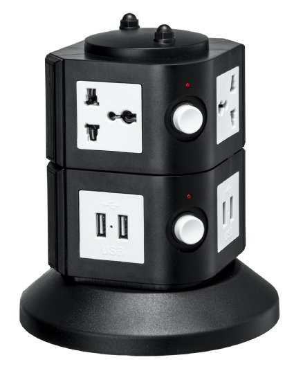 Universal Power Tower 4 Outlets   8 USB - 100v / 220v/250v and 2550 Watts Surge Protector - With Circuit Breaker - For Worldwide Use - USA Plug