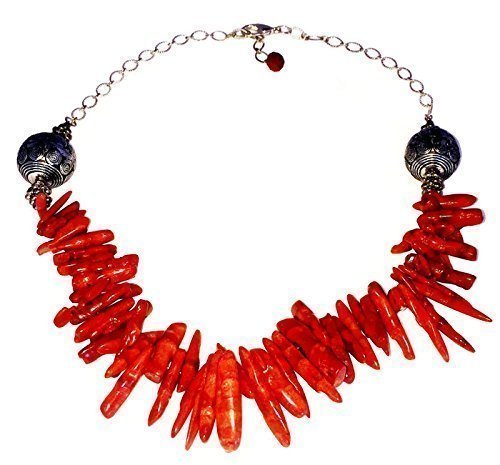 Handmade Red Coral Clustered Silver Chain Necklace Jewelry