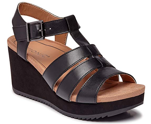 Vionic Women's Hoola Tawny T-Strap Wedge - Ladies Platform Sandal with Concealed Orthotic Arch Support