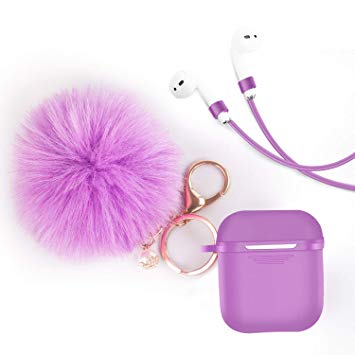 Airpods Case Cover - LEWOTE Airpods Silicone Cute Accessories [Protective Case, Anti-Lost Strap, Fur Ball Keychain] for Apple Airpod (Purple)