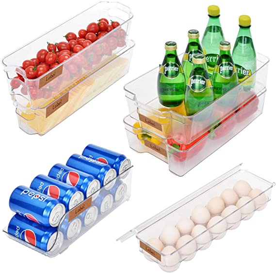 StorageWorks Stackable Refrigerator Bin Set, Plastic Storage Bins for Fridge and Pantry, Clear Fridge Bin Kit, Freezer Cans of Soda Holder, Egg Storage Bin, BPA-Free, Set of 6, Assorted