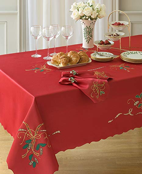 60 X 140 Oblong Red Lenox Cutwork Holiday Nouveau Christmas Tablecloth By Bardwill