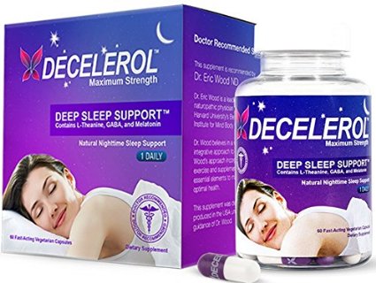 DECELEROL - 1 Daily Natural Sleep Aid - Dr Recommended Maximum Strength Deep Sleep Support Supplement - Non-Habit Forming Sleeping Pills Made With L-Theanine Lemon Balm GABA Melatonin Chamomile 60 Capsules