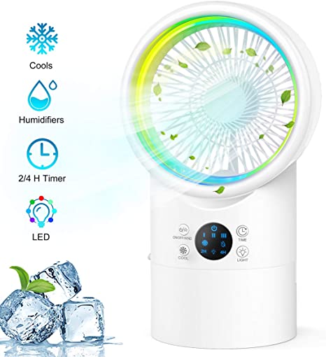 Portable Air Conditioner Fan, Personal Evaporative Air Cooler Super Quiet Desk Fan Mini Air Cooler with 7 Colors LED Light, 3 Speeds, Air Circulator Humidifier Misting Fan for Home Office Room
