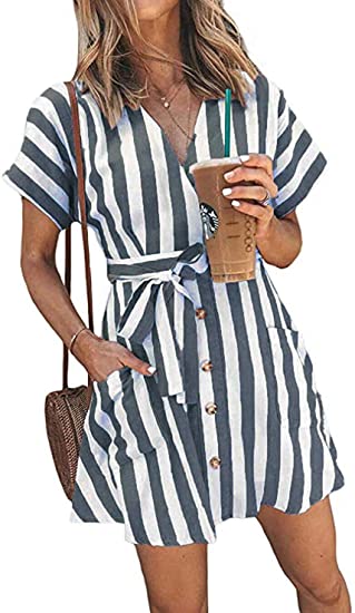 Ulrico1 Women Striped Wrap V Neck Button Down Short Sleeve Mini Shirt Dress Tie Belt Summer Dress with Pockets