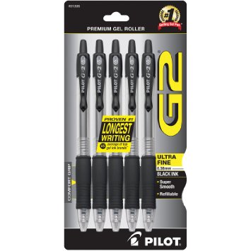 Pilot G2 Retractable Premium Gel Ink Roller Ball Pens, Ultra Fine Point, 5-Pack, Black Ink (31306)