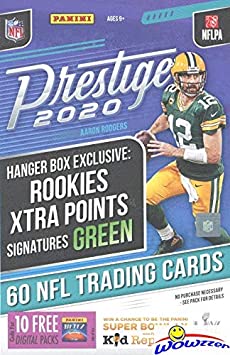 2020 Panini Prestige NFL Football EXCLUSIVE HUGE Factory Sealed HANGER Box with 60 Cards! Look for ROOKIES & AUTOS of Justin Herbert, Joe Burrow, Tua Tagovailoa, Chase Young & Many More! WOWZZER!