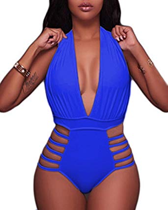 BeachQueen Sexy One Piece Swimsuits for Women Halter Plunge Deep V Neck High Leg Cutout Monokini Bathing Suits