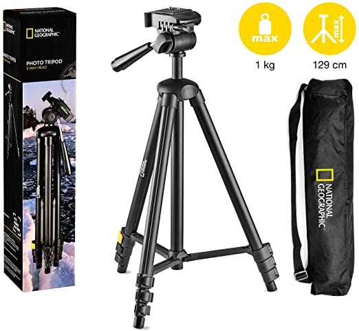 National Geographic Phototripod Kit Small, with Carrying Bag, 3-Way Head, Quick Release, 4-Section Legs Lever Locks, Mid-Level Spreader, Load up 1kg, Aluminium, for Canon, Nikon, Sony, NGHPMIDI