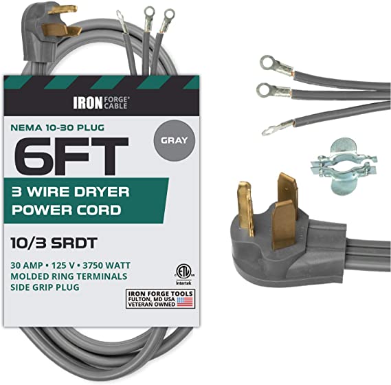 3 Prong Dryer Cord - 6 Ft Extension Power Cord, 10/3 SRDT, 30 Amp, NEMA 10-30 Plug, Gray