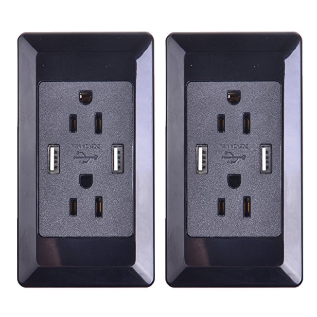 GREENCYCLE 2 Pack Smart Dual USB Charger Black Outlet Panel Receptacles 15A Electric Wall Charger Powe Plate Dock Station Socket