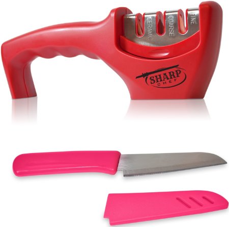 SharpChef 3-Stage Knife Sharpener (Incl. Free Chefs Blade) Professional Results for Steel & Ceramic Blades. Red