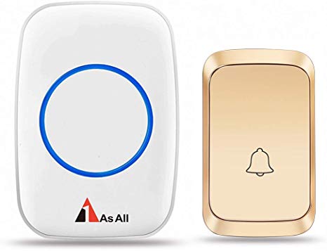 Wireless Doorbell, 1AsAll Unique Code on Push Button and Receiver No Interference,4 Level Adjustable Volume and Waterproof Push Botton No Battery Required For Receiver