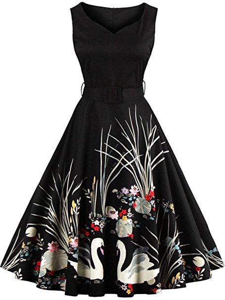 Babyonline Floral Vintage Women Dresses Half Sleeve 1950s Rockabilly Party Gown