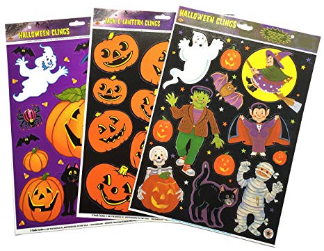 Beistle 3-Pack Halloween Window Sticker Clings Bundle Featuring Pumpkins, Ghosts & More