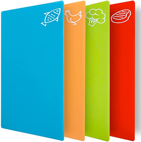 Gorilla Grip Thin Silicone Set of 4 Flexible Cutting Boards, Durable Food Chopping Mats, Color Coded Icons for Meat, Fish and Vegetables, Textured Backing, Non Porous, Dishwasher Safe, Multicolor