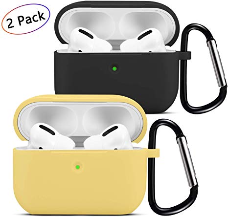 Kinhank Silicone Cover for 2019 Airpods Pro Case,Compatible with 3rd Gen Airpods Pro Charing case with Keychain,clearing Brush 6 in 1 (2pack)-Black/Yellow