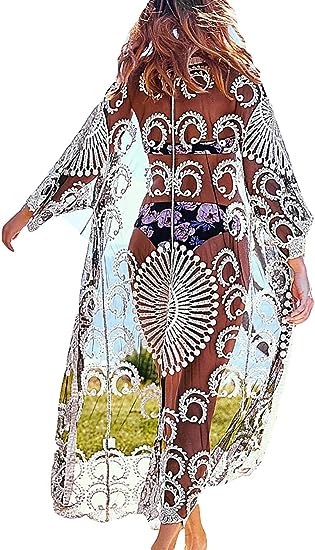 Bsubseach Women Sexy Lace Crochet Open Front Swimsuit Beach Long Kimono Cover Ups