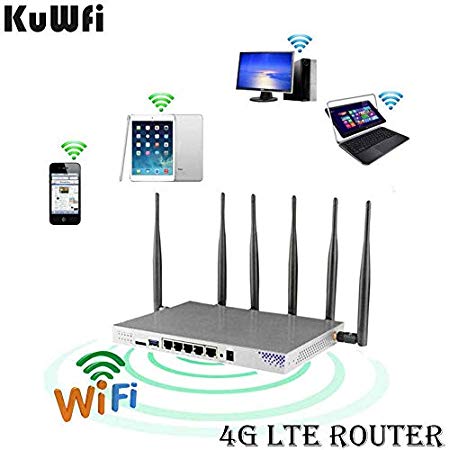 KuWFi 4G LTE WiFi Router 802.11AC 1200Mbps Dual Band 2.4/5.0GHz Wireless Internet Cat6 Routers with SIM Card Slot/Gigabit Port/6x 5dbi Antennas for USA/Canada/MX
