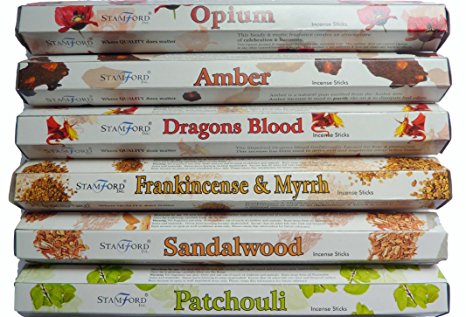 Stamford Premium Hex Range Incense Sticks - Opium, Amber, Dragons Blood, Frankincense & Myrrh, Sandalwood & Patchouli 20 sticks per fragrance (120 sticks)
