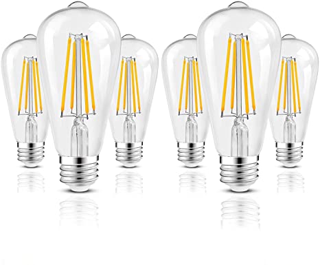 Hizashi - 6 Pack - 6W LED Edison Light Bulbs, Dimmable, 60W Equivalent, High CRI 90 , 700LM, 2700K Warm White ST58 Vintage LED Filament Bulb, E26 Base