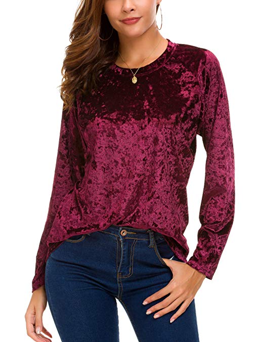 Women's Vintage Velvet T-Shirt Casual Long Sleeve Top