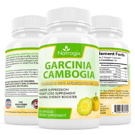 Natrogix Pure 95% HCA Garcinia Cambogia Extract- Most Potent Natural Appetite Suppressant, Weight Loss Supplement - Infused with Potassium & Calcium - Perfect for Women and Men (60 Capsuless)