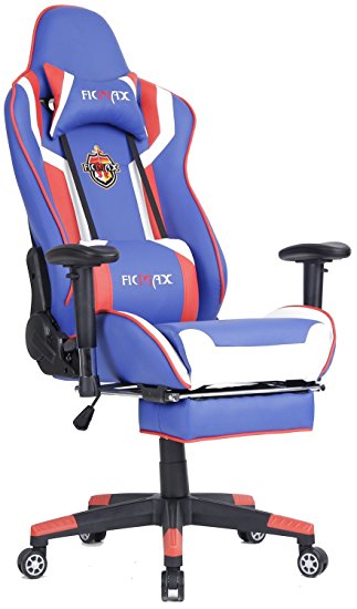 Ficmax Ergonomic Computer Racing Chair Leather Swivel Executive Chair Recliner Rocker Tilt E-sports Chair with Adjustable Headrest & Lumbar Massage Support and Retractable Footrest (Blue/Red)