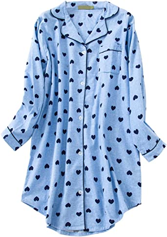 Shymay Women's Flannel Cotton Nightgown Button Down Nightshirt Long Sleeve Sleep Shirt Dress Sleepwear Pajama Top